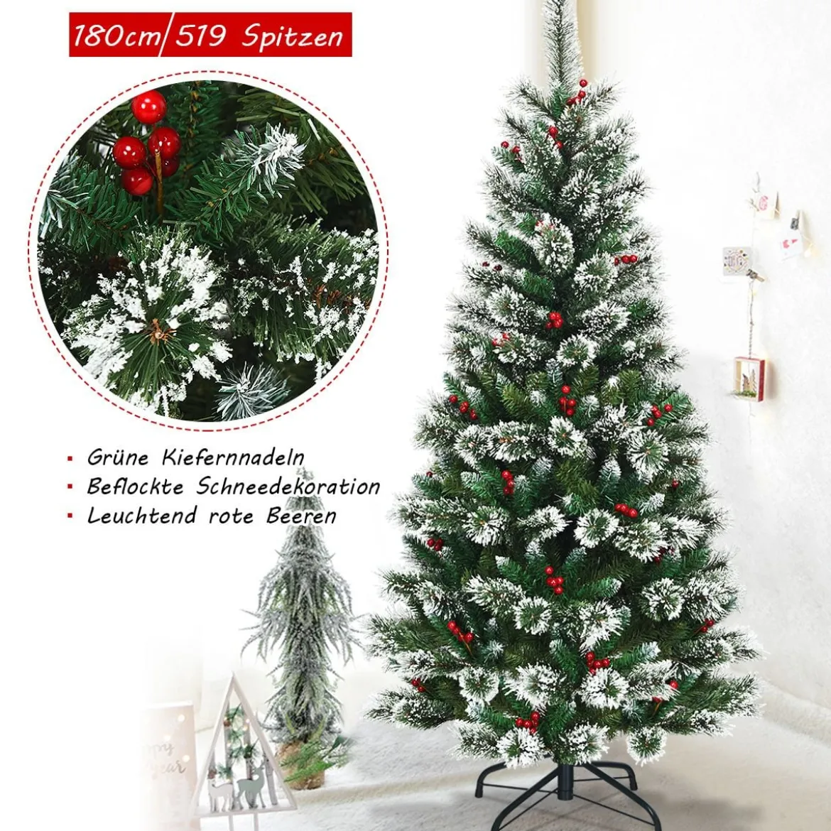 150/180/210/240 cm Künstlicher Weihnachtsbaum mit Schneeflocken roten Beeren und Kiefernzapfen Grün