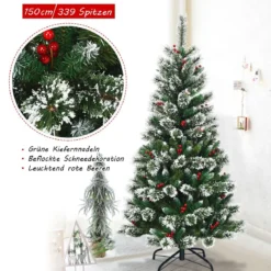 150/180/210/240 cm Künstlicher Weihnachtsbaum mit Schneeflocken roten Beeren und Kiefernzapfen Grün