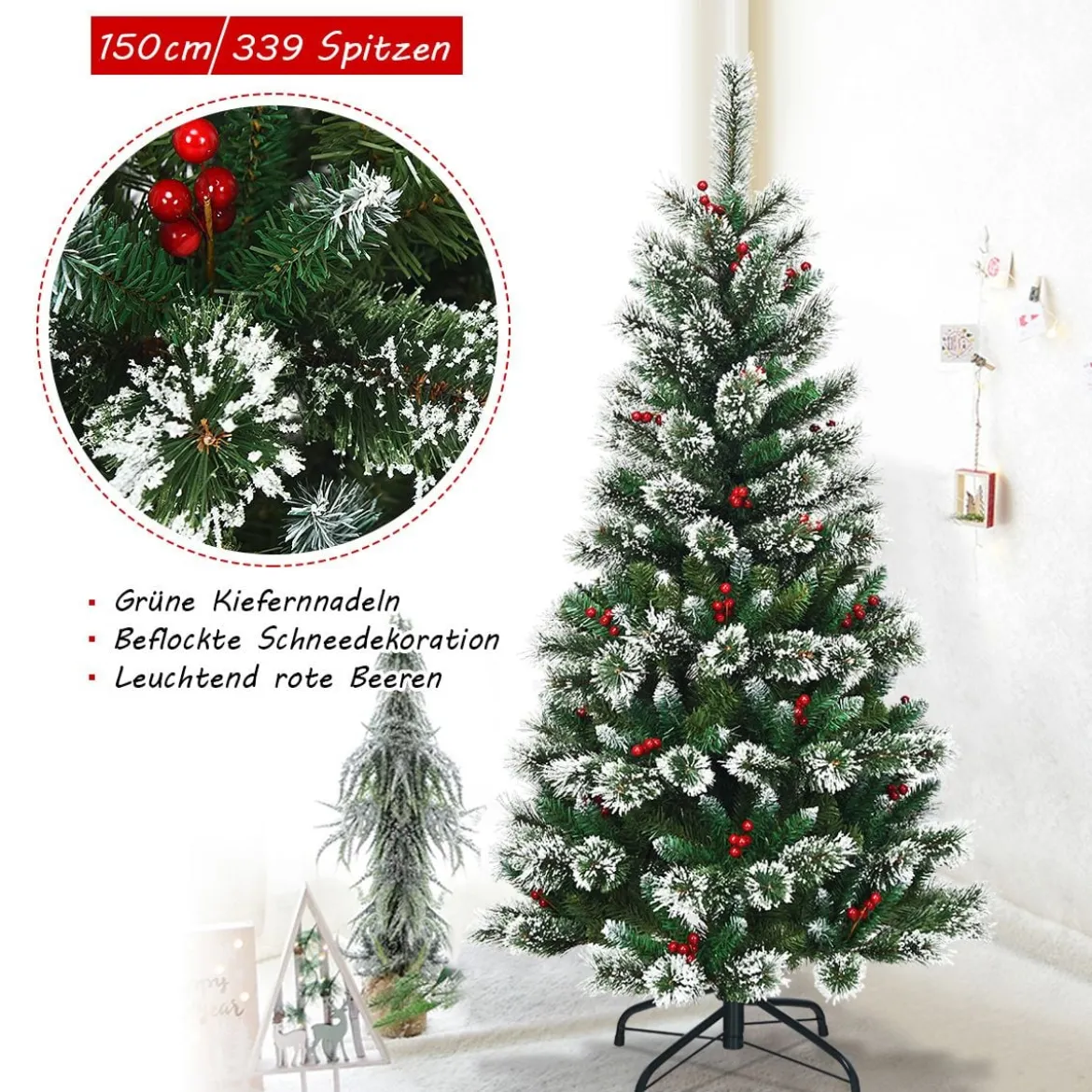 150/180/210/240 cm Künstlicher Weihnachtsbaum mit Schneeflocken roten Beeren und Kiefernzapfen Grün