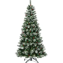 150/180/210/240 cm Künstlicher Weihnachtsbaum mit Schneeflocken roten Beeren und Kiefernzapfen Grün