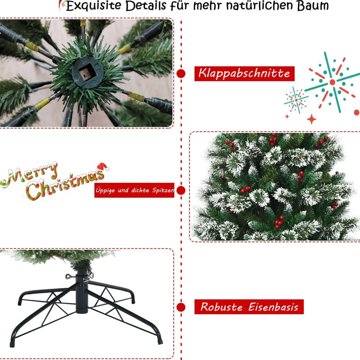 150/180/210/240 cm Künstlicher Weihnachtsbaum mit Schneeflocken roten Beeren und Kiefernzapfen Grün