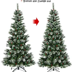 150/180/210/240 cm Künstlicher Weihnachtsbaum mit Schneeflocken roten Beeren und Kiefernzapfen Grün