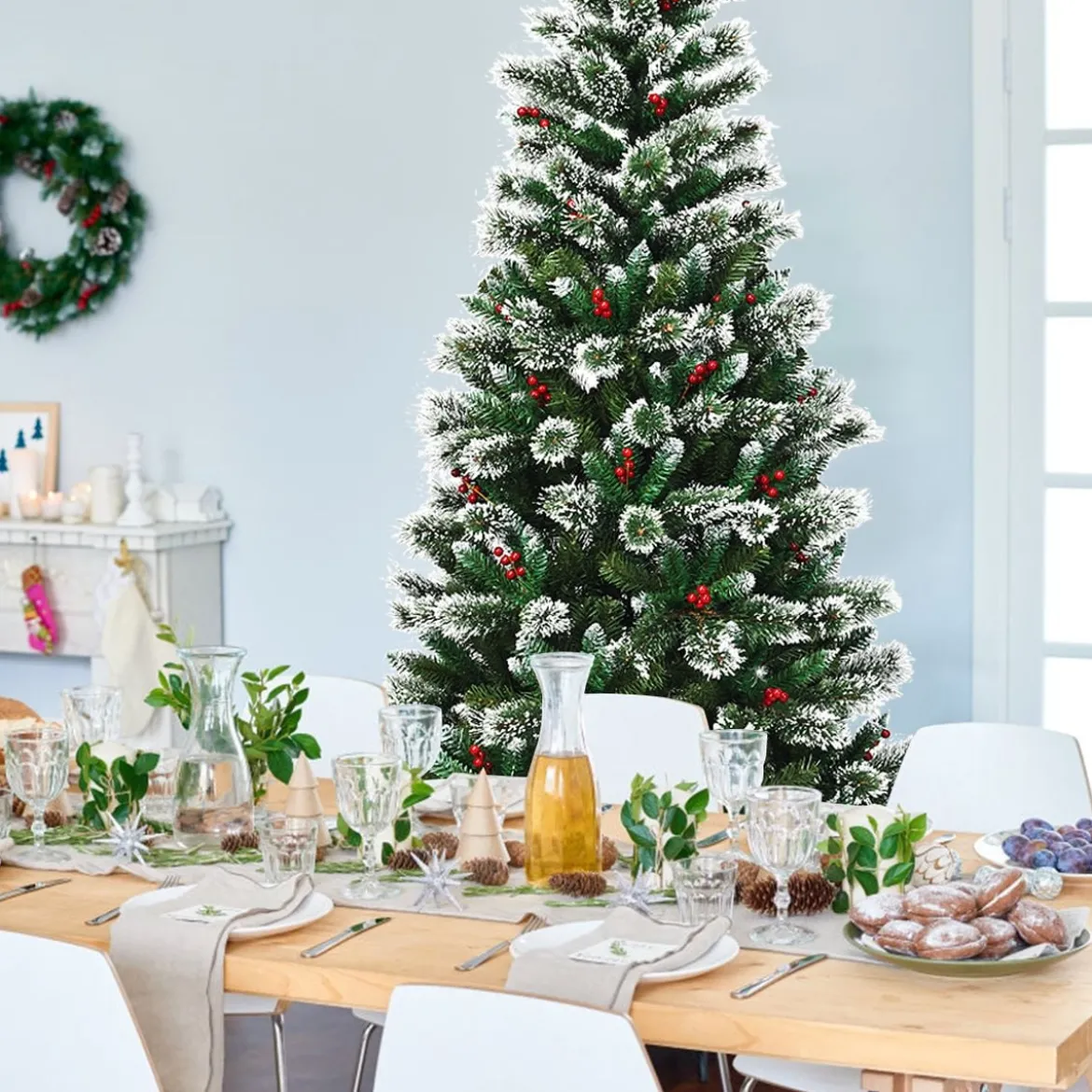 150/180/210/240 cm Künstlicher Weihnachtsbaum mit Schneeflocken roten Beeren und Kiefernzapfen Grün