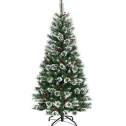 150/180/210/240 cm Künstlicher Weihnachtsbaum mit Schneeflocken roten Beeren und Kiefernzapfen Grün