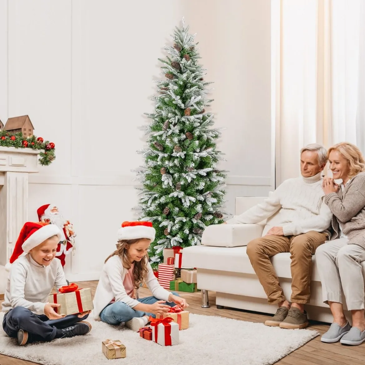 190 cm Künstlicher Weihnachtsbaum mit Beleuchtung und Schnee Kunstbaum Weihnachten für Zuhause Grün+Weiß