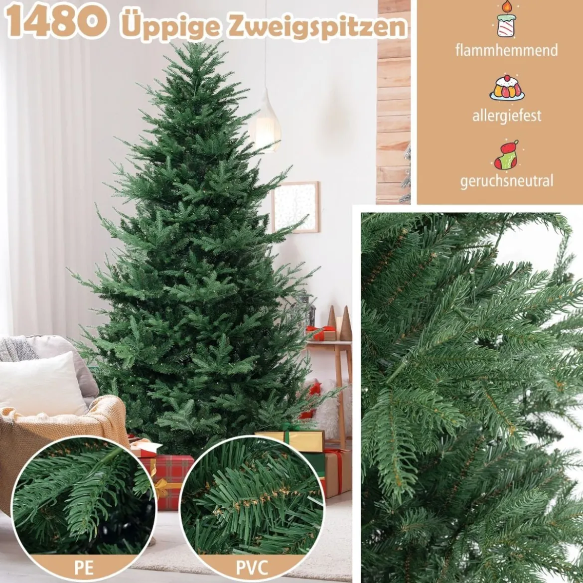 240 cm Künstlicher Weihnachtsbaum mit 450 Warmweißen LED Lichtern Tannenbaum