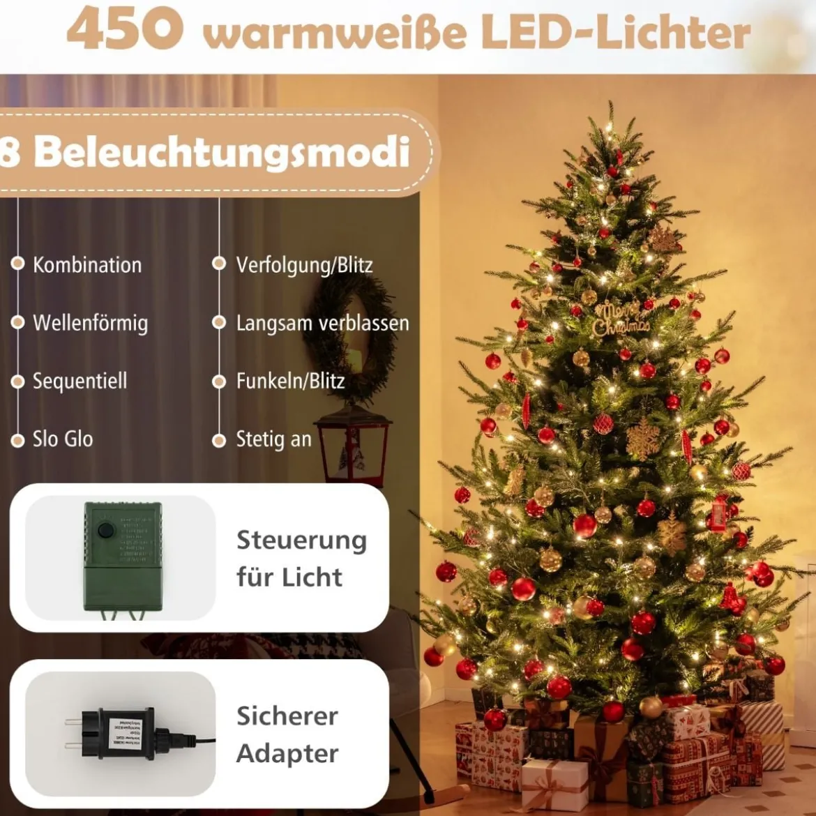 240 cm Künstlicher Weihnachtsbaum mit 450 Warmweißen LED Lichtern Tannenbaum