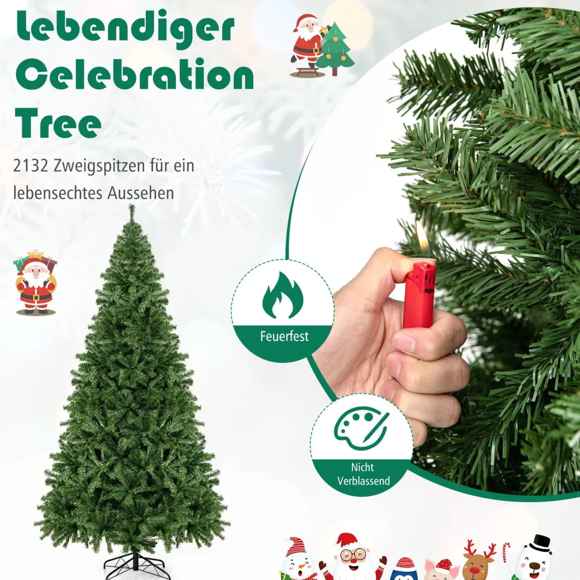 270cm Künstlicher Weihnachtsbaum mit Klappsystem & 2132 Spitzen PVC Nadeln Tannenbaum
