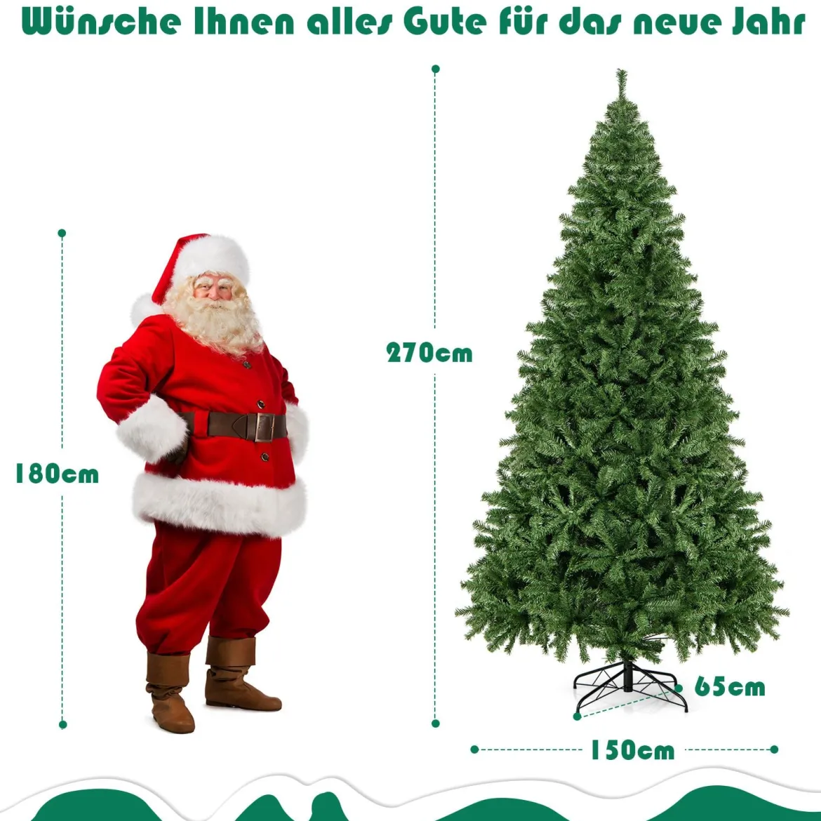 270cm Künstlicher Weihnachtsbaum mit Klappsystem & 2132 Spitzen PVC Nadeln Tannenbaum