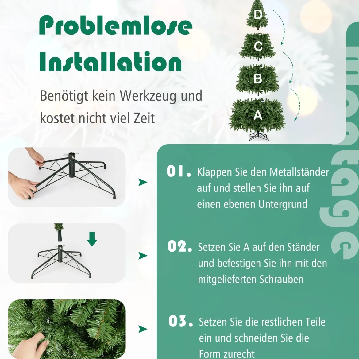 270cm Künstlicher Weihnachtsbaum mit Klappsystem & 2132 Spitzen PVC Nadeln Tannenbaum