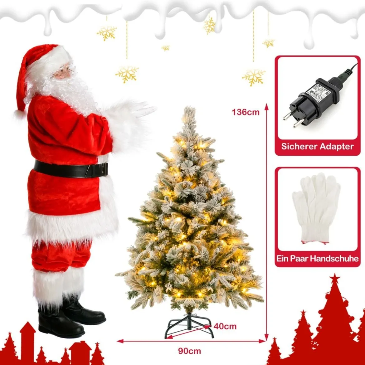 136 cm Künstlicher Weihnachtsbaum mit Schnee & 150 Warmweißen LED-Lichtern Grün
