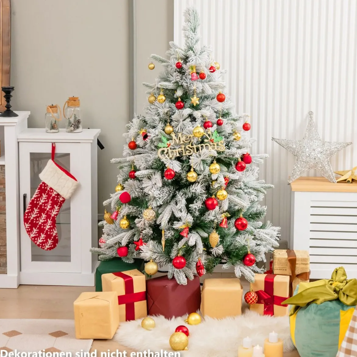 136 cm Künstlicher Weihnachtsbaum mit Schnee & 150 Warmweißen LED-Lichtern Grün