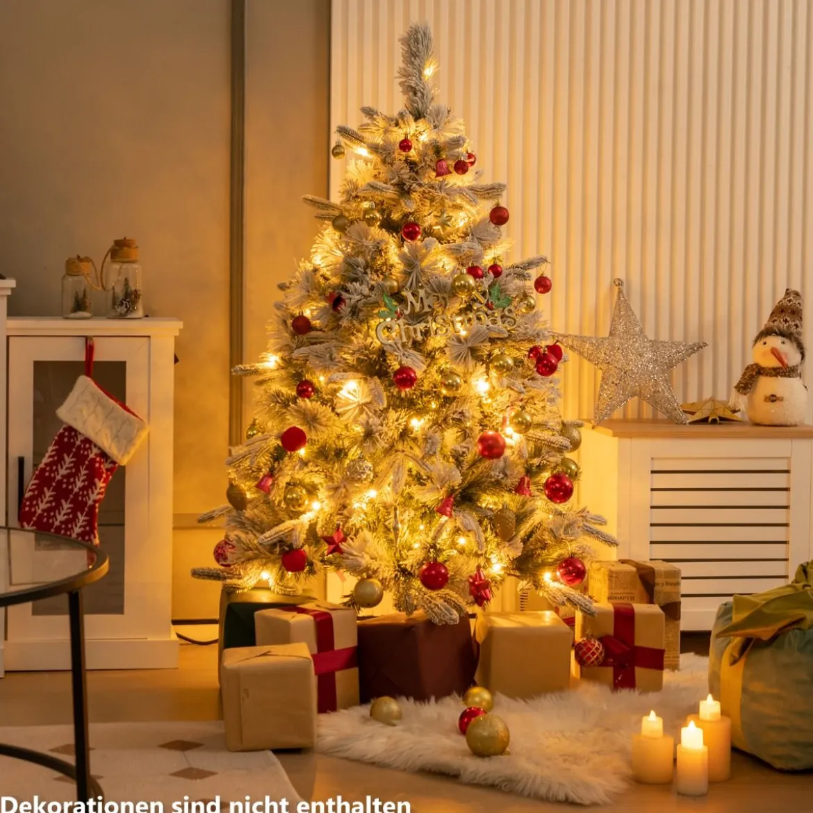 136 cm Künstlicher Weihnachtsbaum mit Schnee & 150 Warmweißen LED-Lichtern Grün