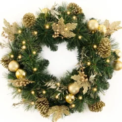60 cm künstlicher Weihnachtskranz mit 35 Warmweißen LEDs & Kieferzapfen & Beeren