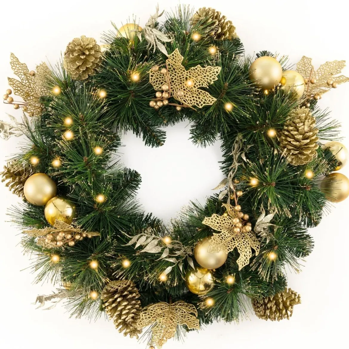 60 cm künstlicher Weihnachtskranz mit 35 Warmweißen LEDs & Kieferzapfen & Beeren