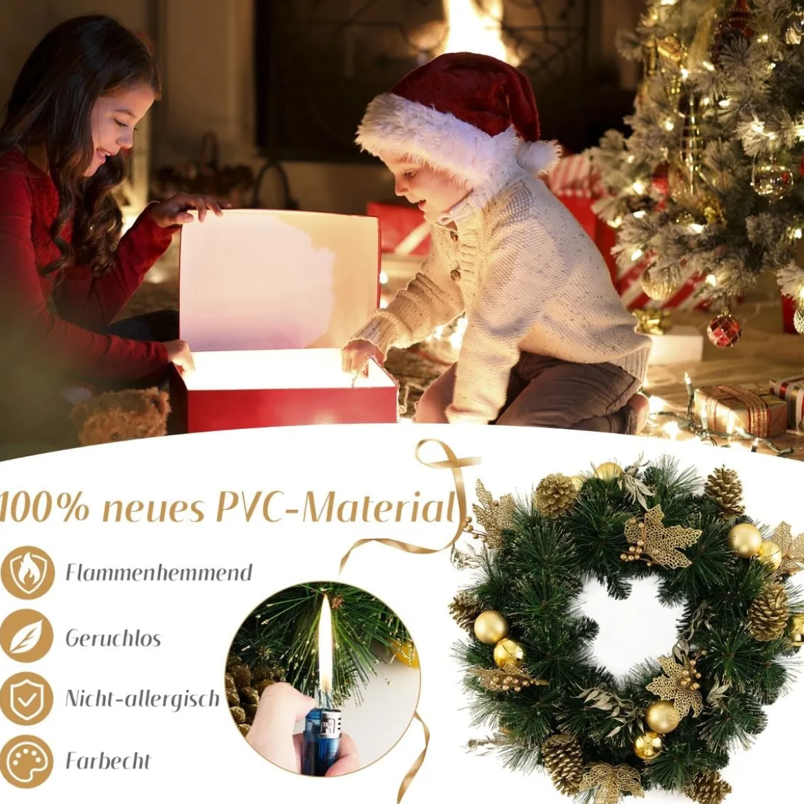 60 cm künstlicher Weihnachtskranz mit 35 Warmweißen LEDs & Kieferzapfen & Beeren