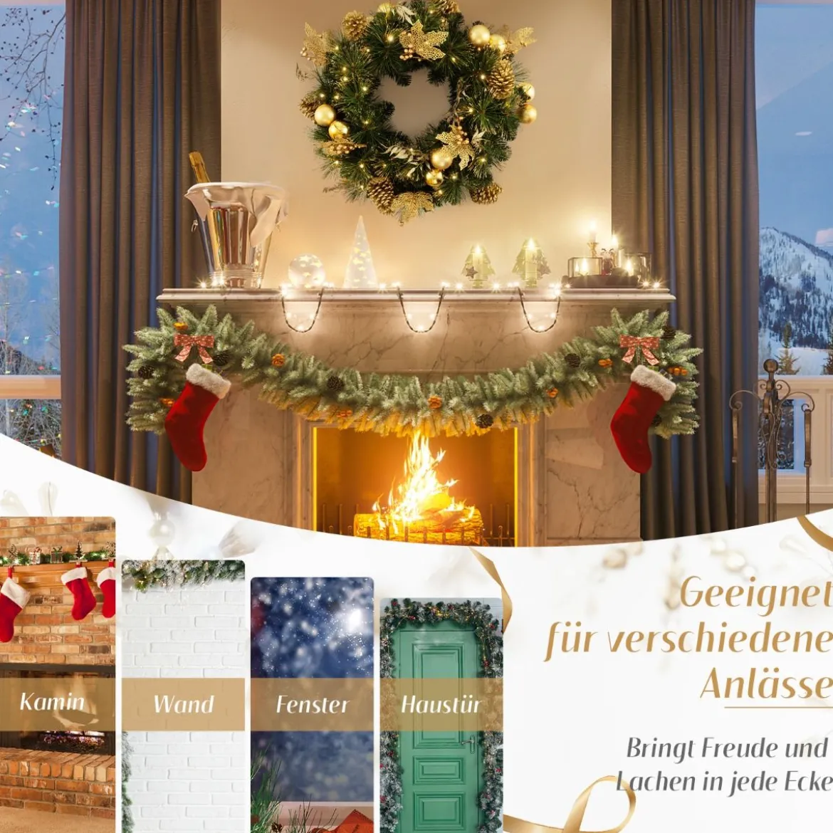 60 cm künstlicher Weihnachtskranz mit 35 Warmweißen LEDs & Kieferzapfen & Beeren