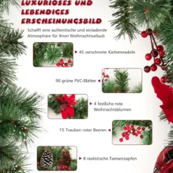 270 cm Künstliche Weihnachtsgirlande mit Beleuchtung & Tannenzapfen & Roten Blumen