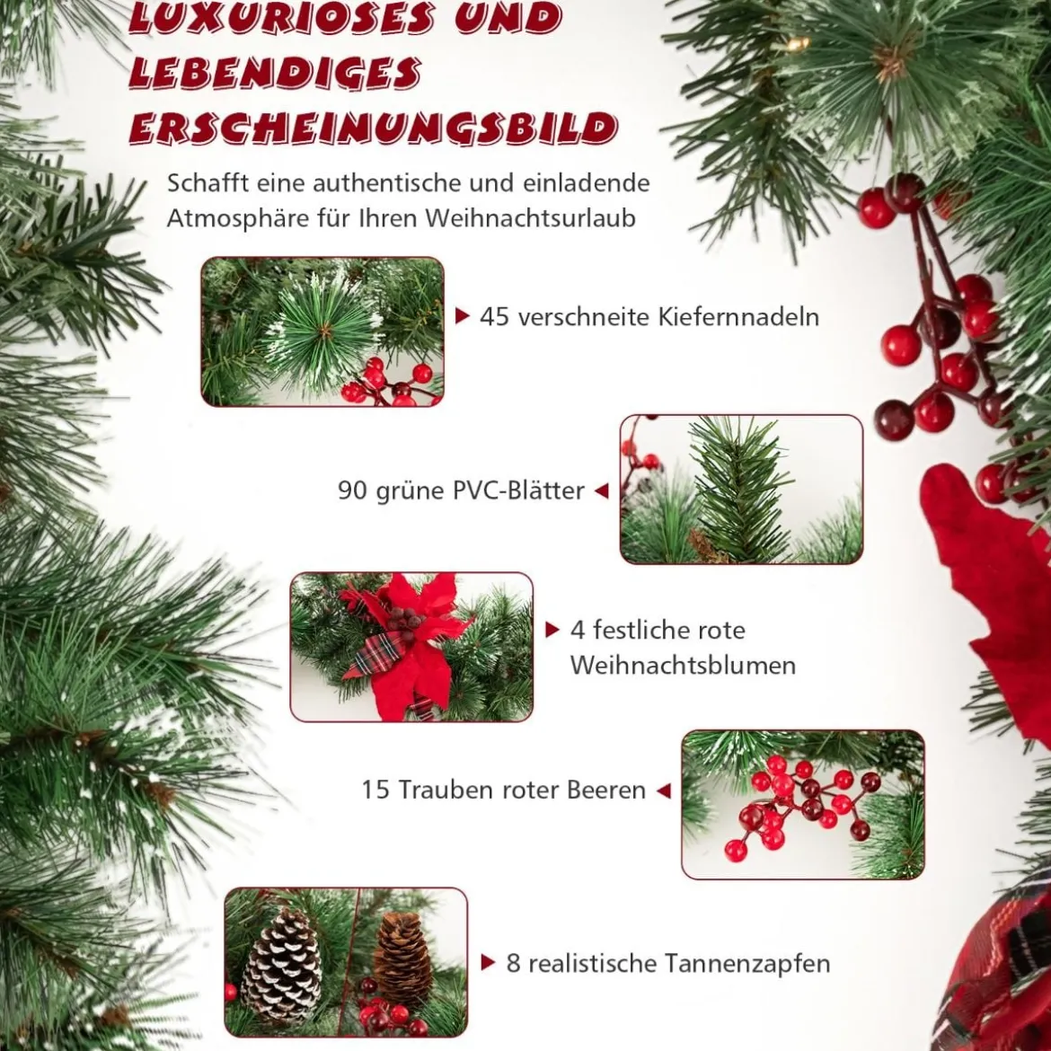 270 cm Künstliche Weihnachtsgirlande mit Beleuchtung & Tannenzapfen & Roten Blumen