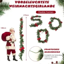 270 cm Künstliche Weihnachtsgirlande mit Beleuchtung & Tannenzapfen & Roten Blumen