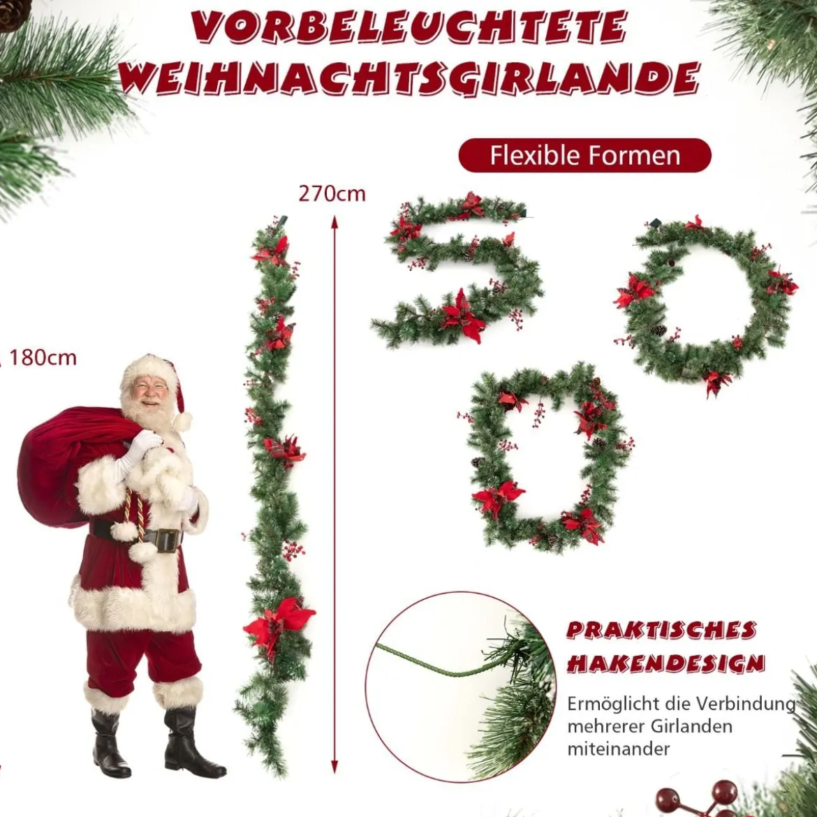 270 cm Künstliche Weihnachtsgirlande mit Beleuchtung & Tannenzapfen & Roten Blumen