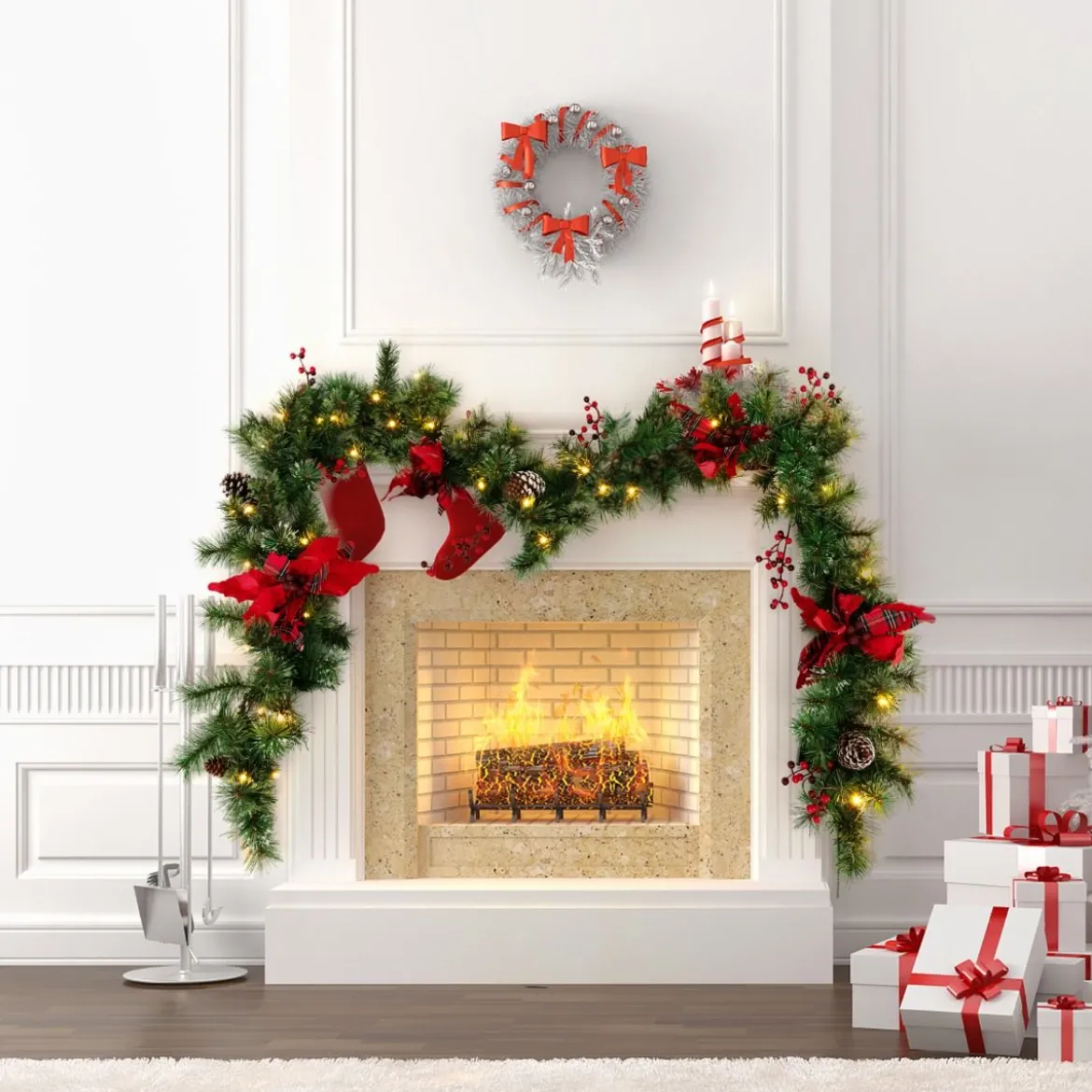 270 cm Künstliche Weihnachtsgirlande mit Beleuchtung & Tannenzapfen & Roten Blumen