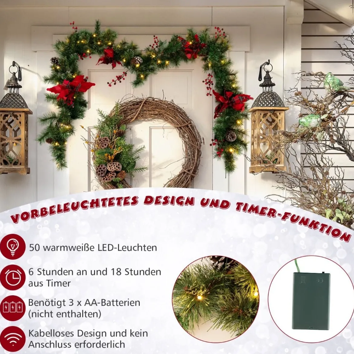 270 cm Künstliche Weihnachtsgirlande mit Beleuchtung & Tannenzapfen & Roten Blumen