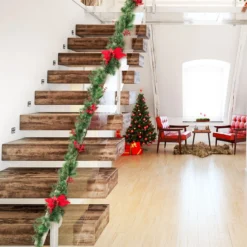 270 cm Künstliche Weihnachtsgirlande mit Beleuchtung & Tannenzapfen & Roten Blumen