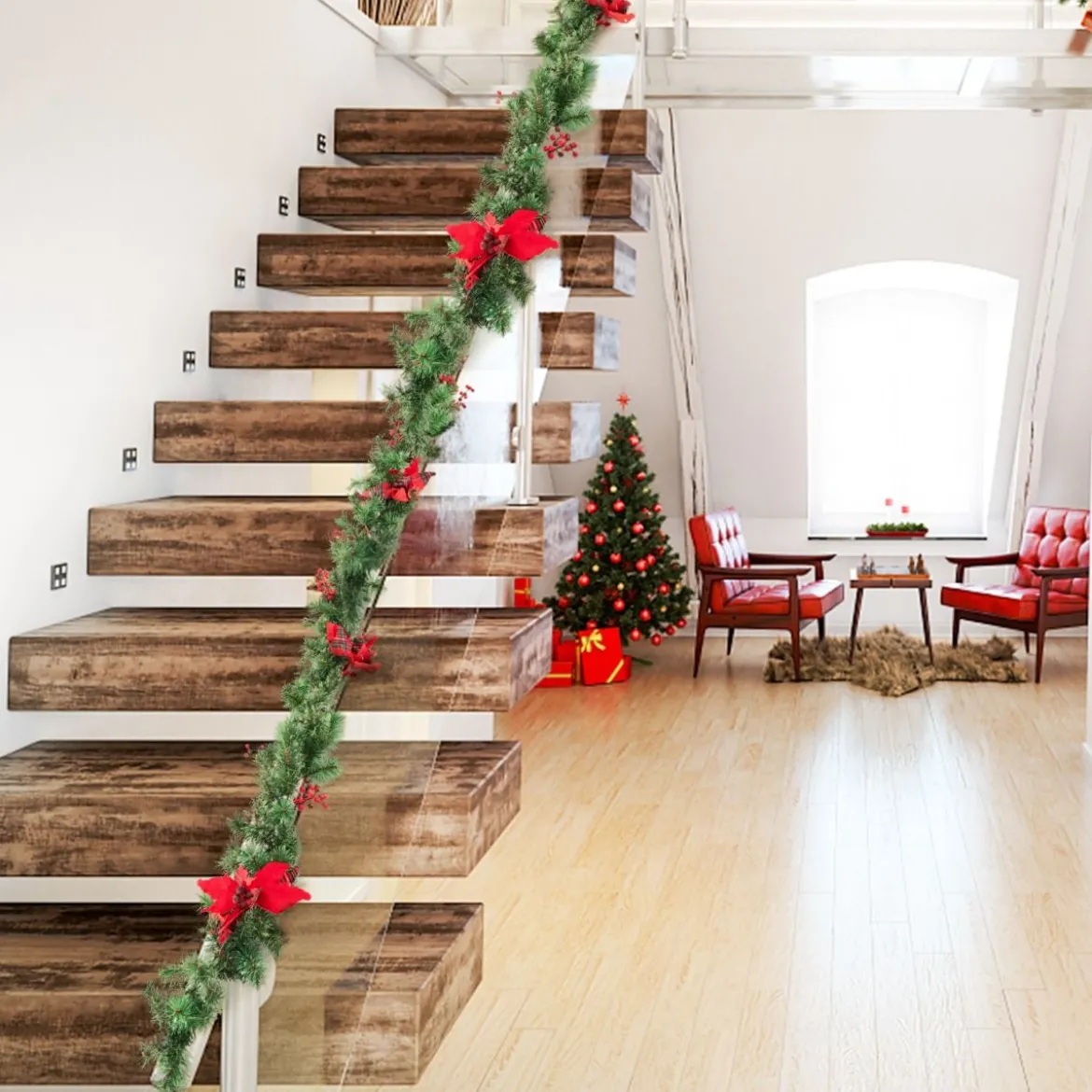 270 cm Künstliche Weihnachtsgirlande mit Beleuchtung & Tannenzapfen & Roten Blumen