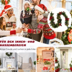 270 cm Künstliche Weihnachtsgirlande mit Beleuchtung & Tannenzapfen & Roten Blumen