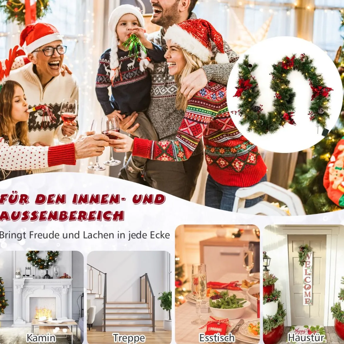 270 cm Künstliche Weihnachtsgirlande mit Beleuchtung & Tannenzapfen & Roten Blumen