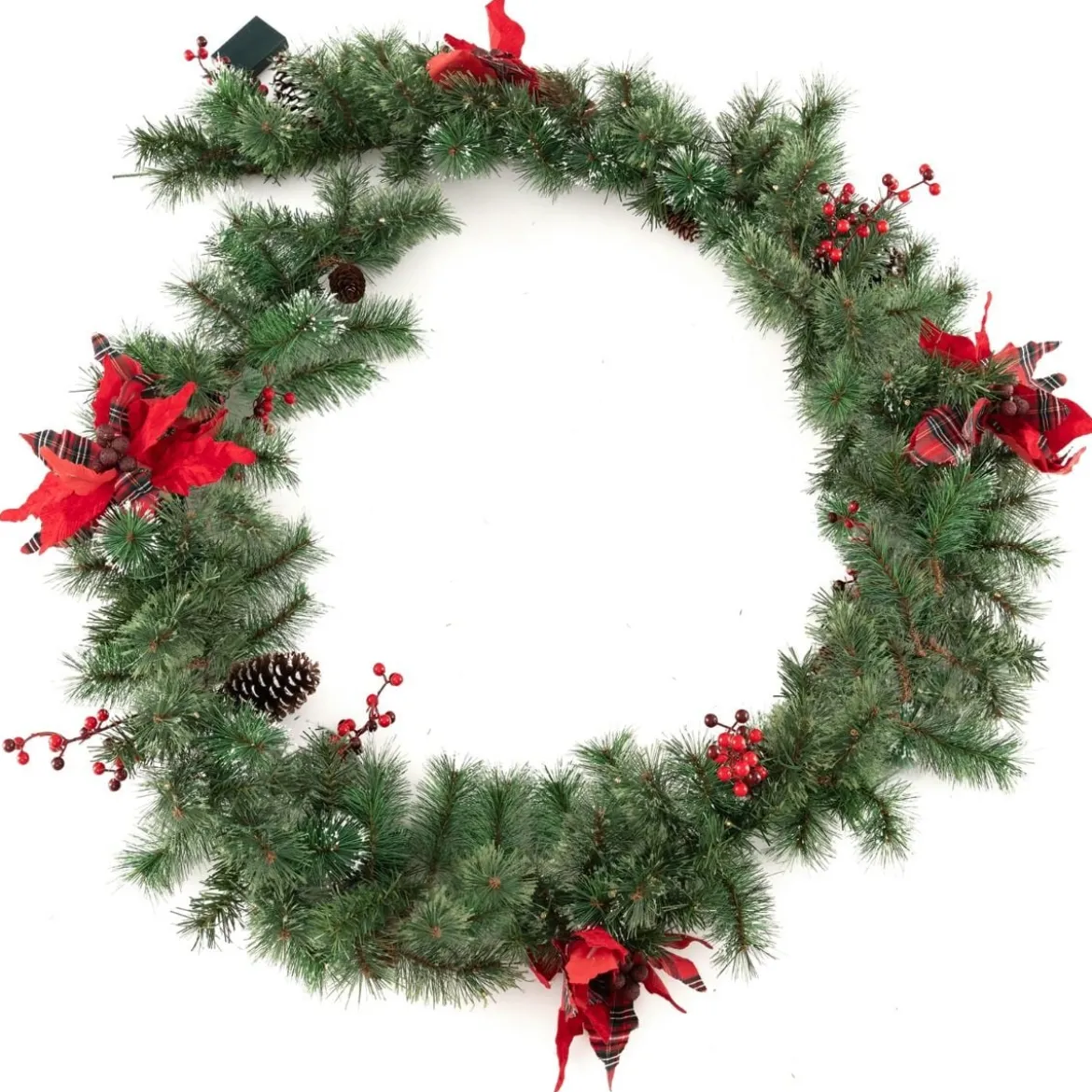270 cm Künstliche Weihnachtsgirlande mit Beleuchtung & Tannenzapfen & Roten Blumen