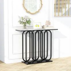 100 cm Konsolentisch aus Kunstmarmor mit Verstellbaren Fußpolstern &Metallrahmen & Kippschutz-Sets