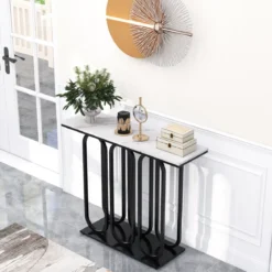 100 cm Konsolentisch aus Kunstmarmor mit Verstellbaren Fußpolstern &Metallrahmen & Kippschutz-Sets