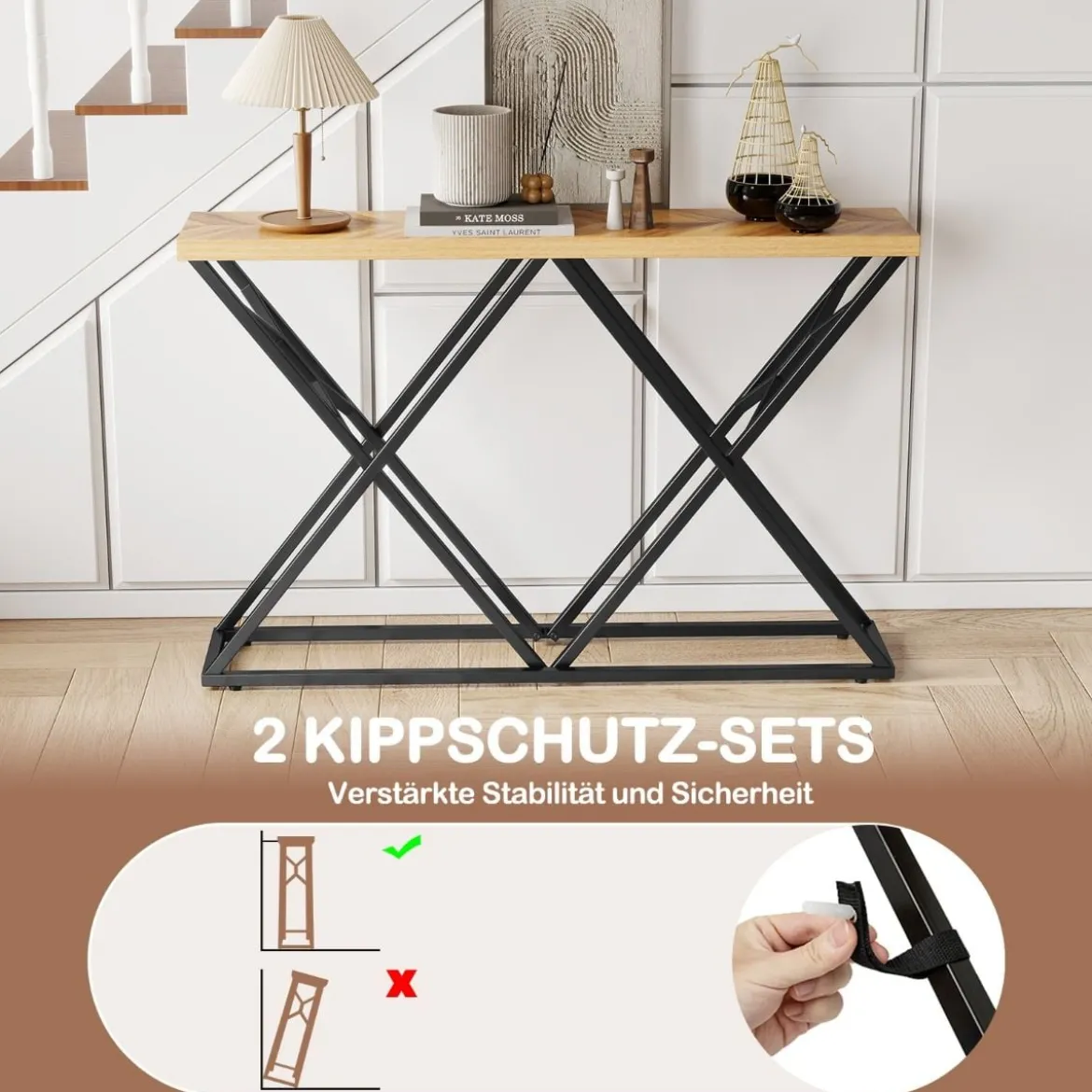 140 cm Konsolentisch Landhaus-Eingangstisch mit geometrischer Metallbasis industrieller Akzenttisch Holzfarbe