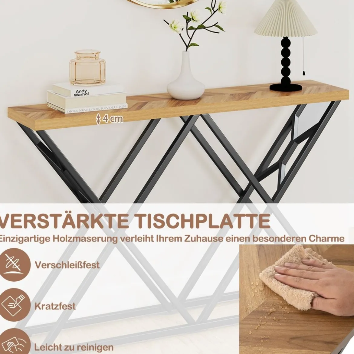 140 cm Konsolentisch Landhaus-Eingangstisch mit geometrischer Metallbasis industrieller Akzenttisch Holzfarbe