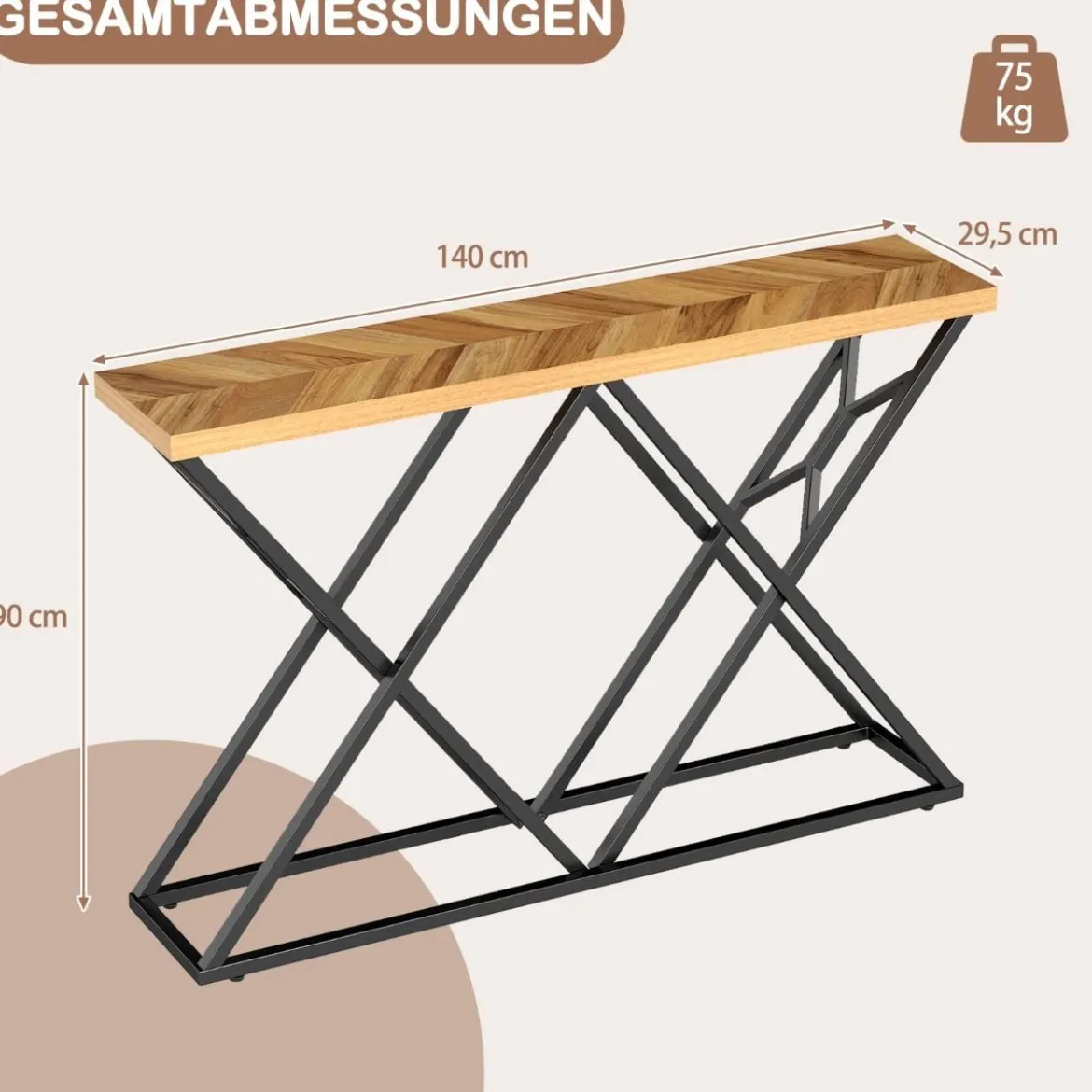 140 cm Konsolentisch Landhaus-Eingangstisch mit geometrischer Metallbasis industrieller Akzenttisch Holzfarbe