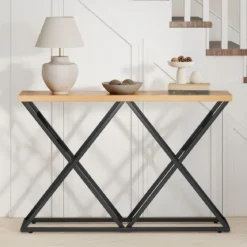 140 cm Konsolentisch Landhaus-Eingangstisch mit geometrischer Metallbasis industrieller Akzenttisch Holzfarbe