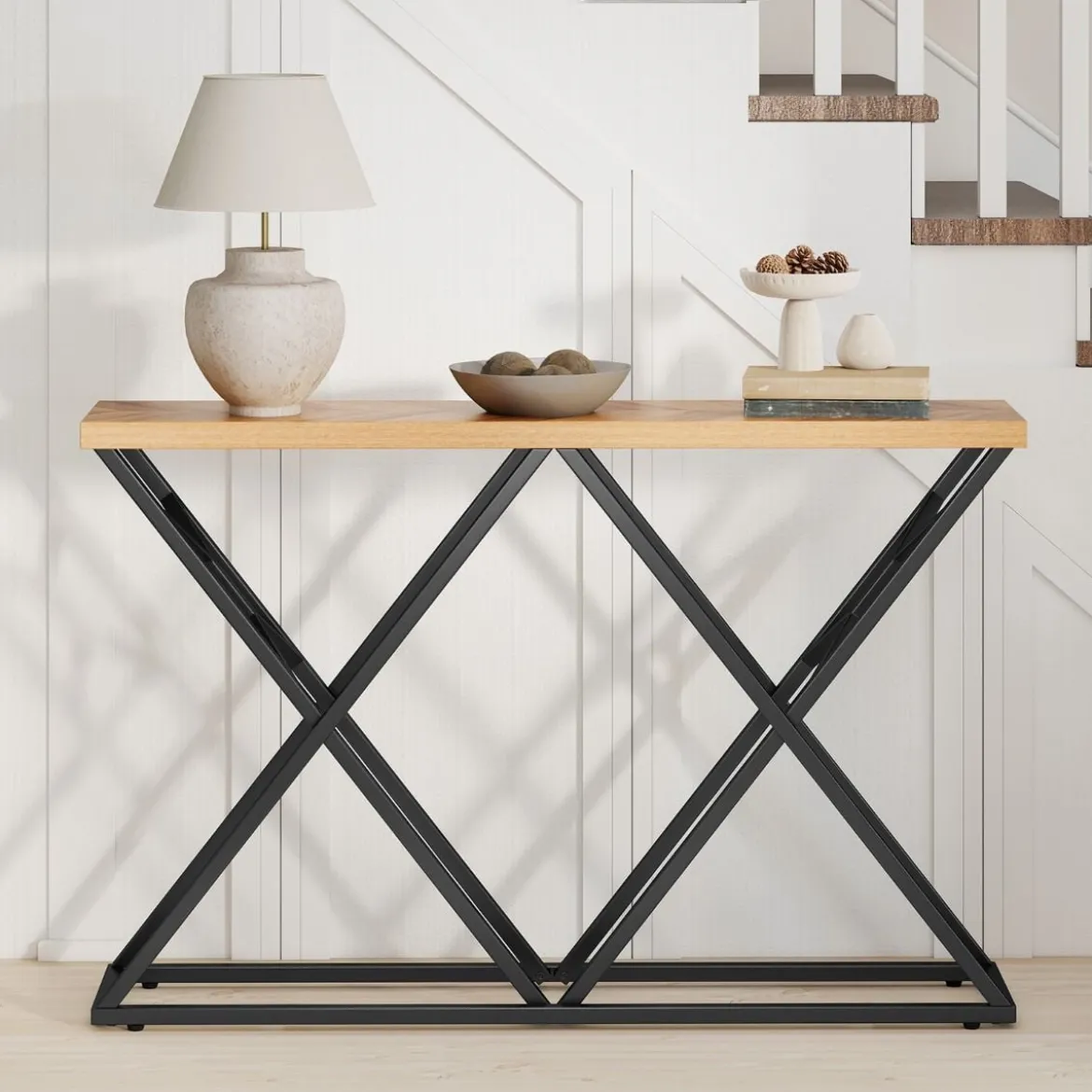 140 cm Konsolentisch Landhaus-Eingangstisch mit geometrischer Metallbasis industrieller Akzenttisch Holzfarbe