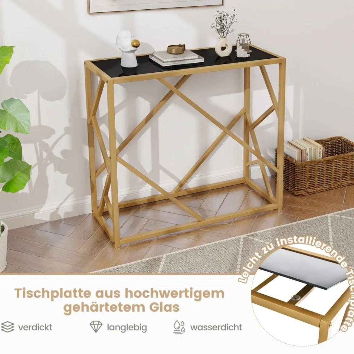 80 cm Konsolentisch mit Gehärteter Glasplatte & Goldfarbenem Rahmen Sofatisch Schwarz