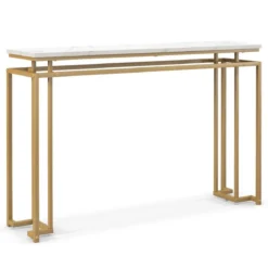 120 cm Konsolentisch mit Kunstmarmor Tischplatte & Geometrischem Metallrahmen Flurtisch Golden