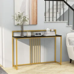 120 cm Konsolentisch mit Marmoroptik & Goldfarbenem Metallgestell Moderner Flurtisch Schwarz