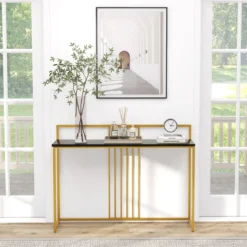 120 cm Konsolentisch mit Marmoroptik & Goldfarbenem Metallgestell Moderner Flurtisch Schwarz