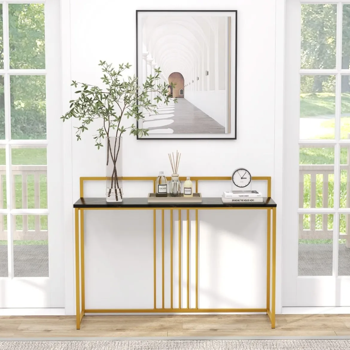 120 cm Konsolentisch mit Marmoroptik & Goldfarbenem Metallgestell Moderner Flurtisch Schwarz