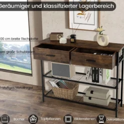 100 cm Konsolentisch mit 2 Schubladen 3 Ebenen Flurtisch aus Holz Beistelltisch mit Metallrahmen Rustikales Braun
