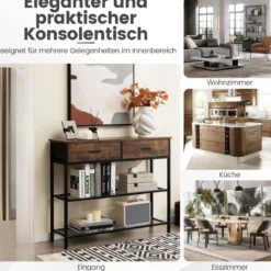 100 cm Konsolentisch mit 2 Schubladen 3 Ebenen Flurtisch aus Holz Beistelltisch mit Metallrahmen Rustikales Braun