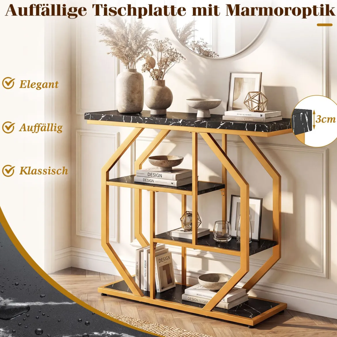 100 cm Konsolentisch 4-stufiger moderner Eingangstisch mit Ablageflächen & Kunstmarmortischplatte Schwarz