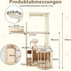 139 cm Kratzbaum aus Holz mit Höhle & Hängematte & Sisalpfosten & Kissen