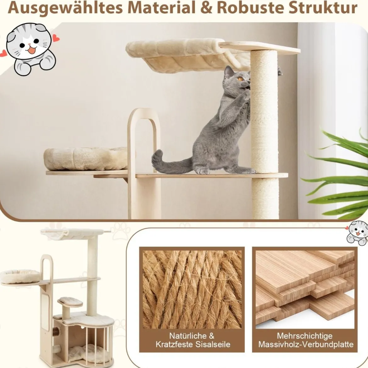 139 cm Kratzbaum aus Holz mit Höhle & Hängematte & Sisalpfosten & Kissen