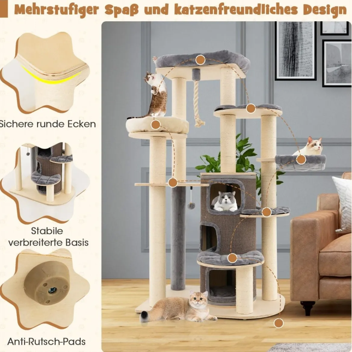 173 cm Kratzbaum aus Holz mit Katzenhöhle & Matten & Ball & Hängeseil Katzenbaum Grau